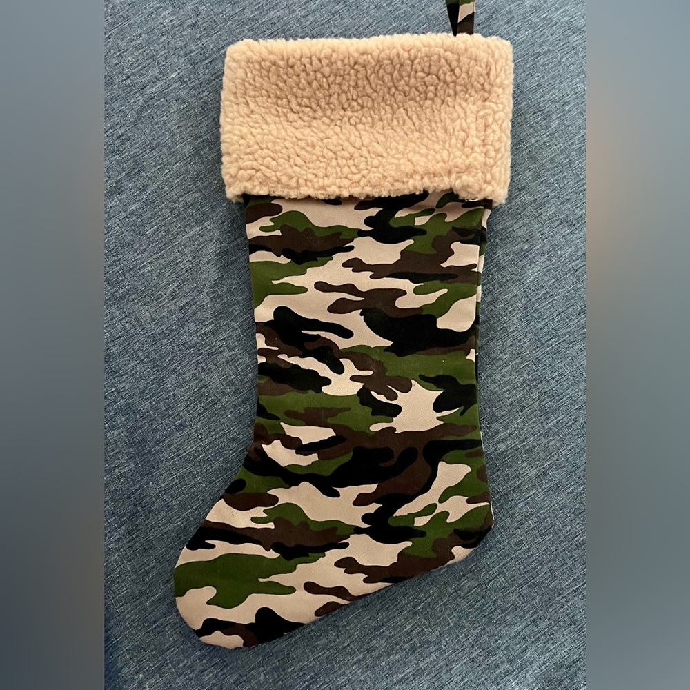 CHRISTMAS STOCKING Green and Tan Camouflage with Sherpa Cuff, NWOT